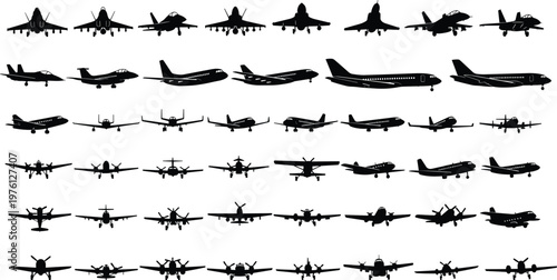 Comprehensive Collection of Aircraft Silhouettes Featuring Military Fighter Jets, Commercial Airliners, Private Planes,