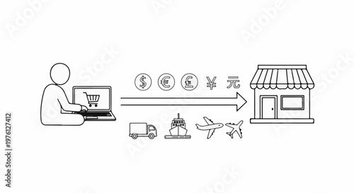 Person using laptop to buy from store, with currency and transport icons