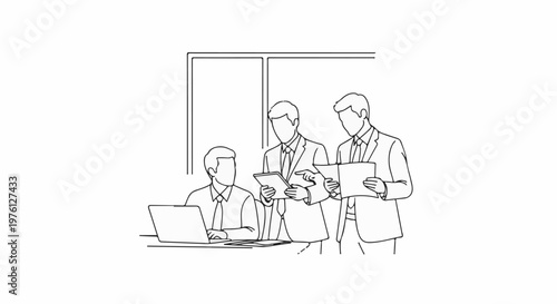Three men in suits discuss work with a laptop and papers in an office