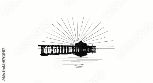 Pier with radiating sun and reflection on water