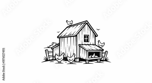 Rustic chicken coop with several chickens and birds in a simple outline drawing