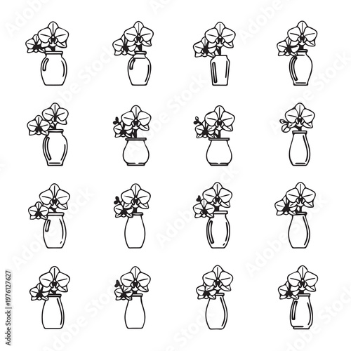 Orchid flowers in simple vases line art collection for decorative design