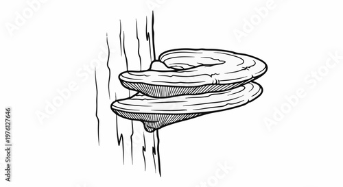 Stacked shelf fungi grow from a tree trunk in a line art illustration