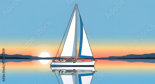 Sailing boat on calm water during sunset with mountain silhouette and vibrant blue skies.
