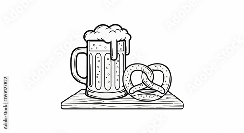 A frothy mug of beer with a pretzel on a wooden board