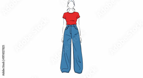 Woman in red top and wide-leg blue jeans, illustration