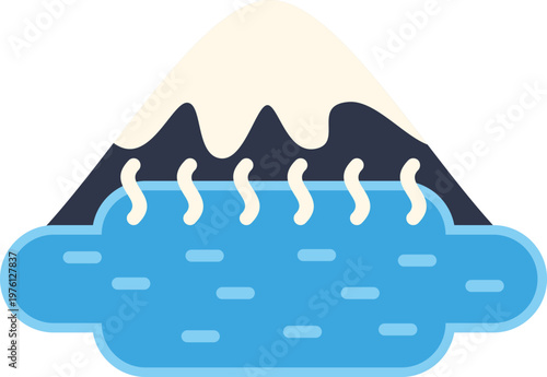 Mount fuji with a volcanic lake showing steam on a white background