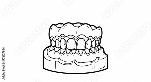 A black and white illustration of a dental model showing upper and lower teeth