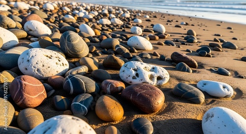 Smooth pebbles on sandy beach with ocean waves in background.