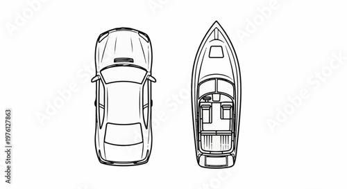 Top-down view line art of a car and a boat