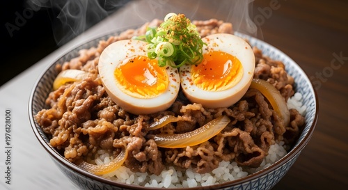 Steaming Japanese beef bowl with sliced hard-boiled eggs and green onions close-up.