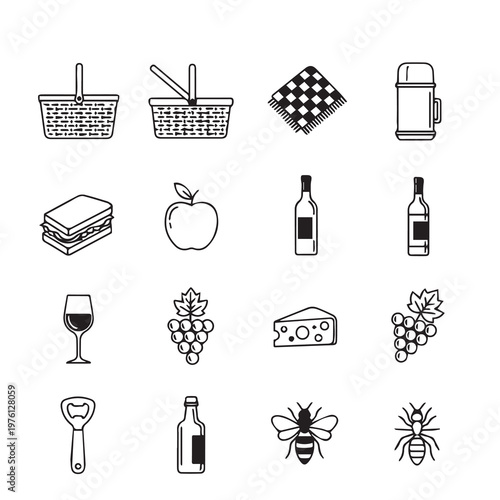 Picnic Icons: Basket Food Drinks Utensils Insects for Outdoor Leisure and Food Service