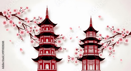 Traditional Japanese pagodas with blooming cherry blossoms against white background.