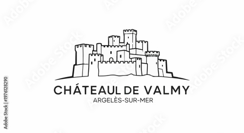 A black and white line drawing of a castle, with text below