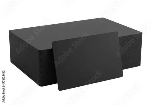 a pristine matte black blank card stands upright beside a thick stack of identical cards with rounded corners, isolated on a transparent background, high-key studio light concept for luxury branding