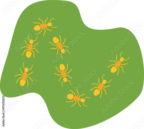 Group of small ants moving together on a green shape, symbolizing collaboration