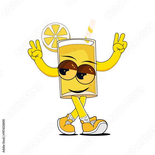 Cute Lemon Cartoon Mascot Illustration Walking with Peace Sign, Funny Yellow Drink Character for Kids, Food Packaging and Branding.ai