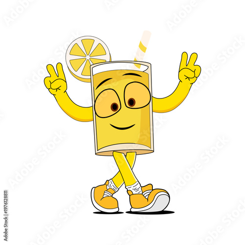 Cute Lemon Drink Cartoon Mascot Walking with Peace Sign, Funny Lemonade Character Illustration for Beverage Branding and Summer Design.ai