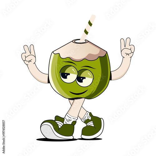 Walking coconut cartoon mascot, fresh drinking character illustration for summer, Cafe and beverage Branding.ai