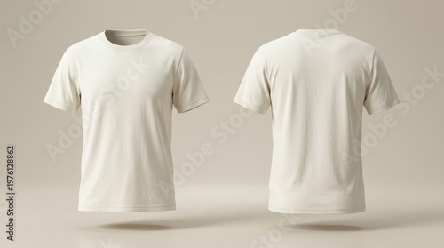 A product photo showcases a white t-shirt from front and back on a beige background