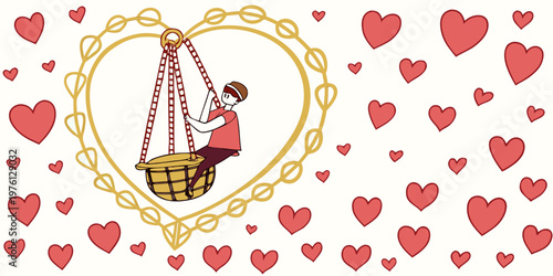 Person sitting in heart cage surrounded by hearts, vector