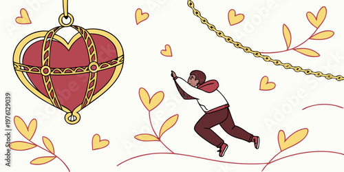 Man reaching for a heart pendant in a cage, vector