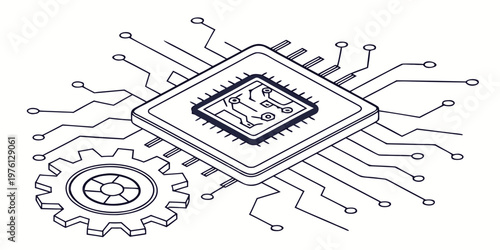 Isometric microchip CPU with gear and circuit lines, vector