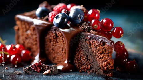 Macro photography of chocolate cake slice with glossy ganache and berries, rich textures, moody lighting, elegant dessert presentation
