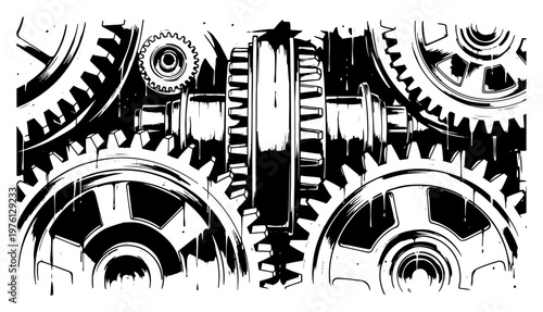 Mechanical gears and engine parts in high contrast industrial grunge style