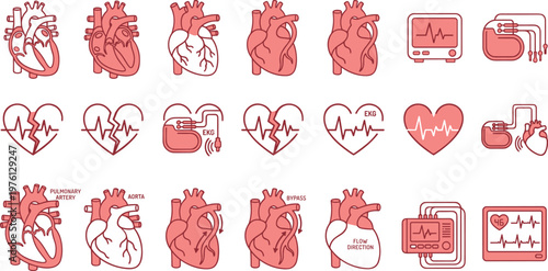 Human Heart Anatomy and Cardiology Line Icon Set Featuring ECG Monitor Blood Circulation Pulse Medical Symbols for Healthcare Apps Hospital and Diagnostic Design