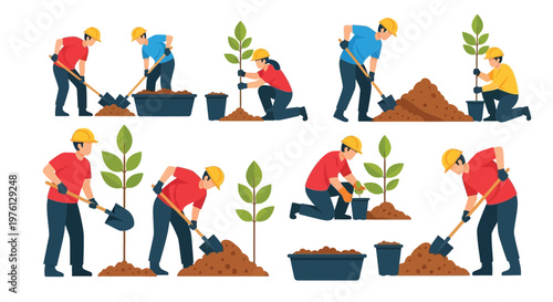 People in hard hats planting trees and tending to young saplings