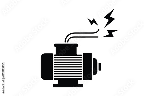 Electric motor generator with lightning sparks vector silhouette icon isolated on white background for industrial power energy concept.