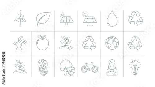 Eco-Friendly Icons Set: A comprehensive collection of hand-drawn vector icons representing various elements of sustainability, ecology, and eco-consciousness.