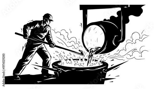 Foundry worker pouring molten metal from crucible into mold in vintage linocut style