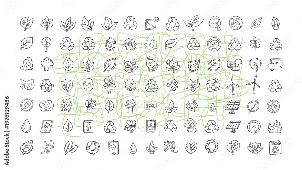Fototapeta premium Eco-conscious Iconography: A curated collection of meticulously crafted, line-drawn icons embodies the ethos of sustainability, encompassing a spectrum of eco-friendly practices and principles.