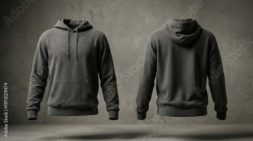 Two gray hoodies shown from front and back on a table indoors