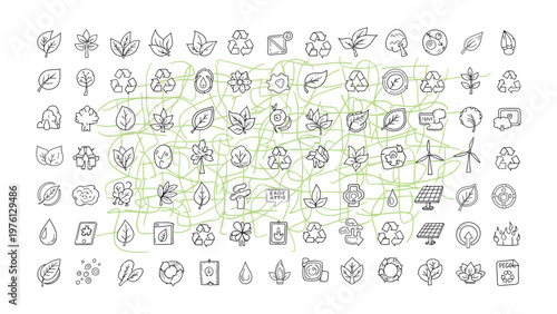 Eco-conscious Iconography: A curated collection of meticulously crafted, line-drawn icons embodies the ethos of sustainability, encompassing a spectrum of eco-friendly practices and principles.