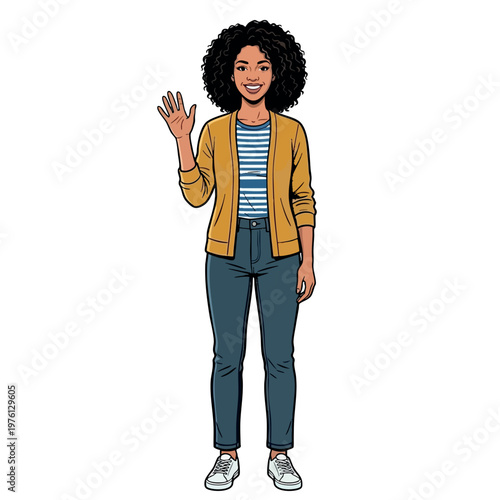 Young woman waving hand in friendly greeting