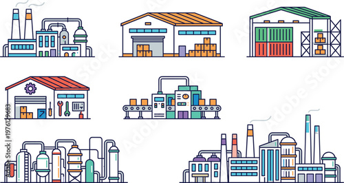 Industrial Factory and Manufacturing Icon Set Featuring Production Plants Warehouse Facilities Machinery Processing Units and Engineering Infrastructure for Industry and Technology Design