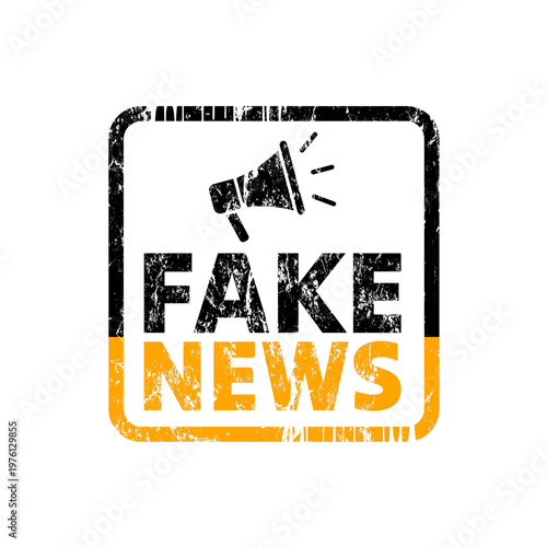 Fake news stamp in black and yellow colors with megaphone and grunge effect, vector illustration