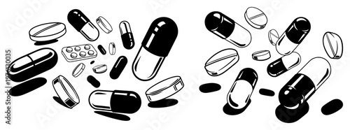 Capsules and medicinal tablets falling through air in clean graphic style