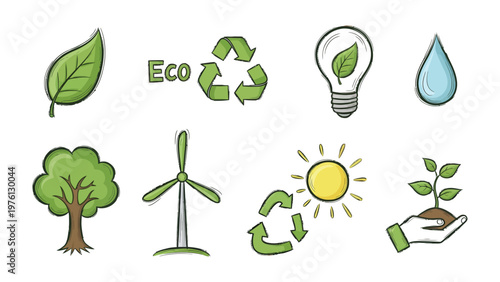 Eco-Friendly Symbols: A collection of environmentally conscious icons showcases the beauty and importance of protecting our planet. Embodying nature and sustainability. 