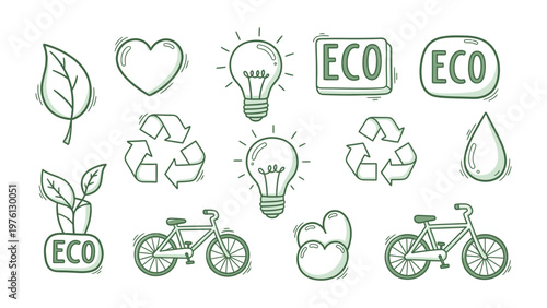 Eco-Friendly Symbols: A collection of delightful hand-drawn eco-friendly icons. This image includes elements representing the environment, nature and eco-consciousness.