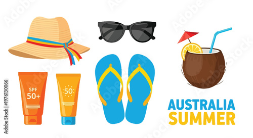 Summer vacation essentials hat sunglasses sunscreen and tropical drinks