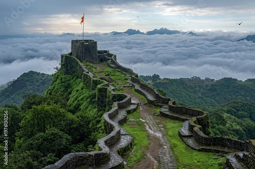 Cloud inversion during monsoon at Pratapgad fort, Mahabaleshwar, Maharashtra