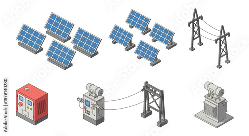 Isometric illustration of solar panels power lines and electrical equipment