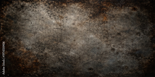 A weathered rusty metal surface features an old grungy texture and dark brown antique pattern, creating a rough vintage material backdrop with aged paint and a dirty, weathered design