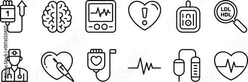 Medical Healthcare Icon Set with Cardiology Neurology IV Therapy Heart Monitoring and Diagnostic Symbols in Outline Style for Hospital UI Design