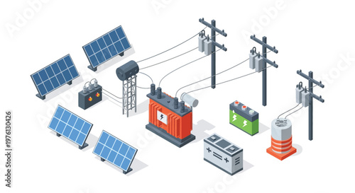 Isometric illustration of a solar power energy grid and distribution system