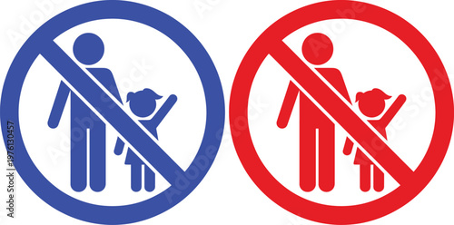 Prohibition signs for adults with children in blue and red colors